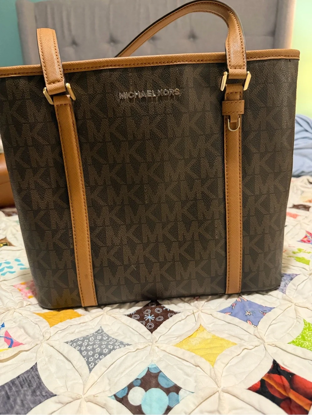 Michael Kors Brown MK Logo Tote with Tan Leather Trim